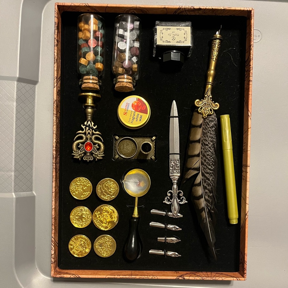 Vintage Writing Set with Feather Quill and Sealing Wax